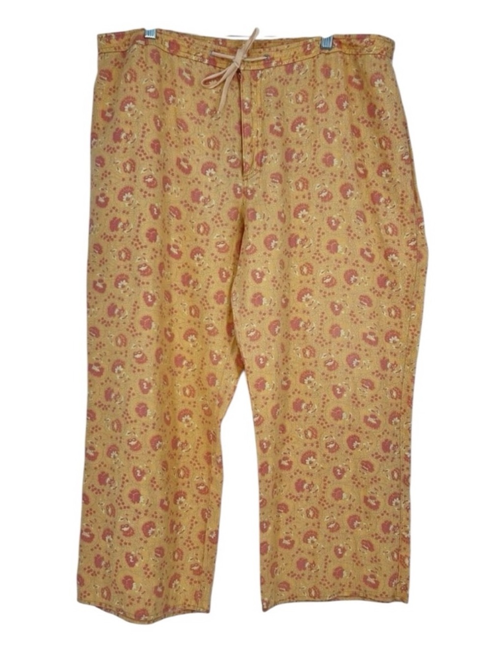 Garnet Hill Orange Linen Floral Print Wide Leg Pants size 6 slouchy baggy fit